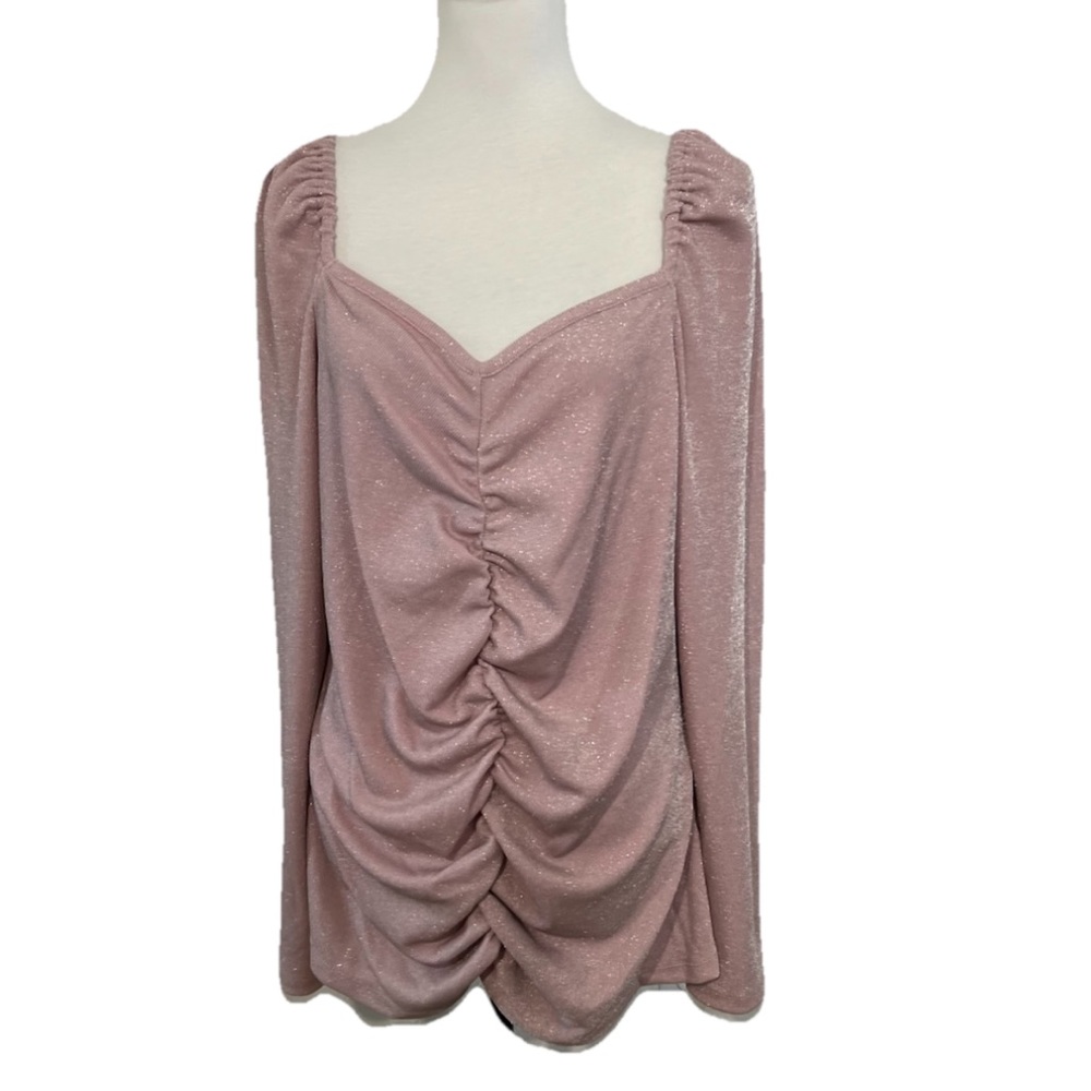 A Love Story Gathered Front Shirt Plus Sz 1X Pink Glittered Long Sleeves NWT